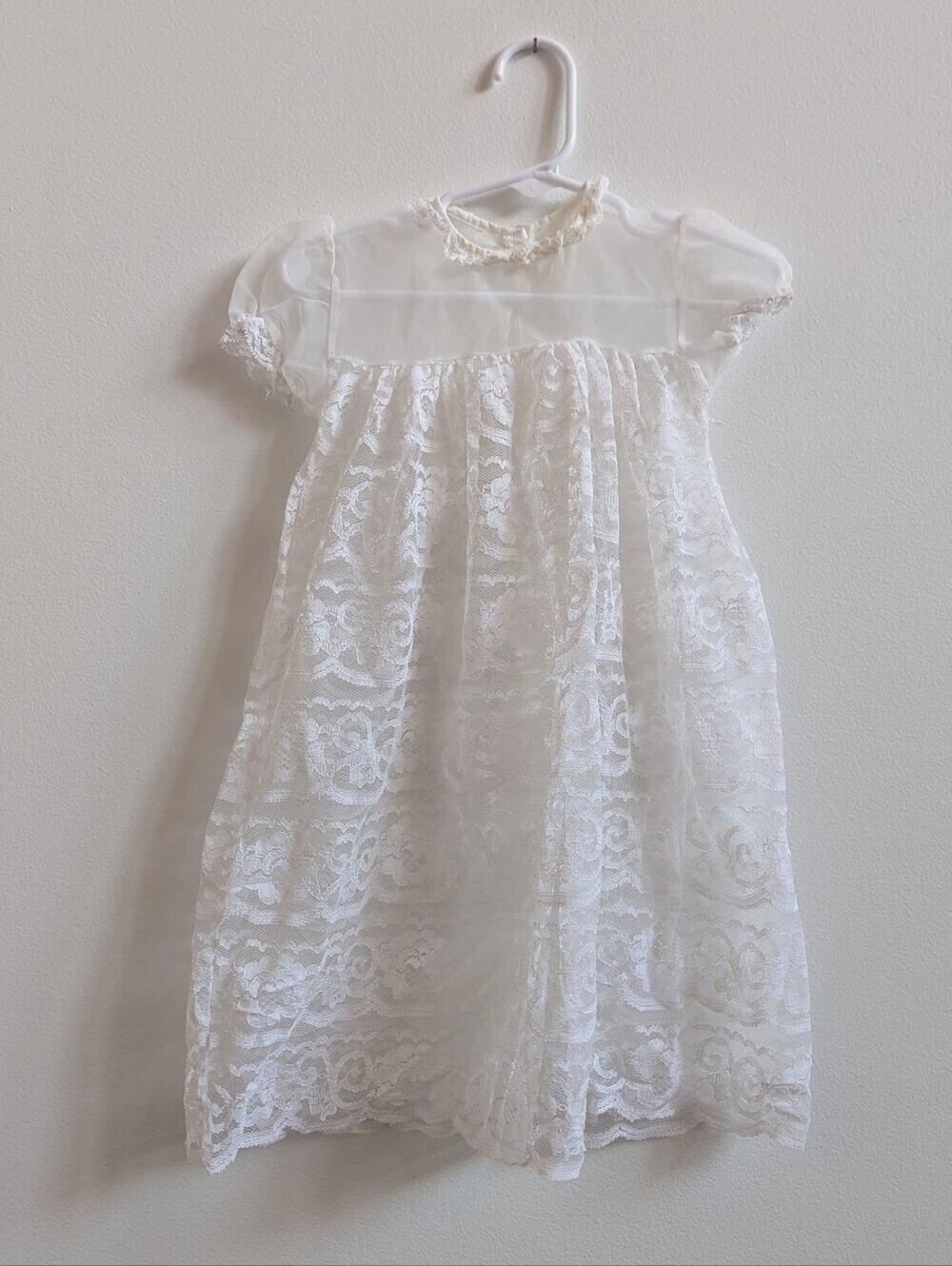 Vtg Gown Dress 12m White Sheer Lace Baptism